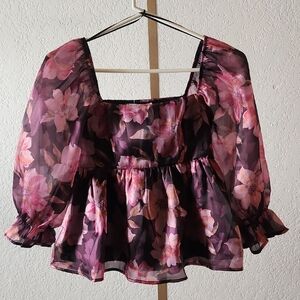 Floral Sheer Women's Blouse - Pink and Black